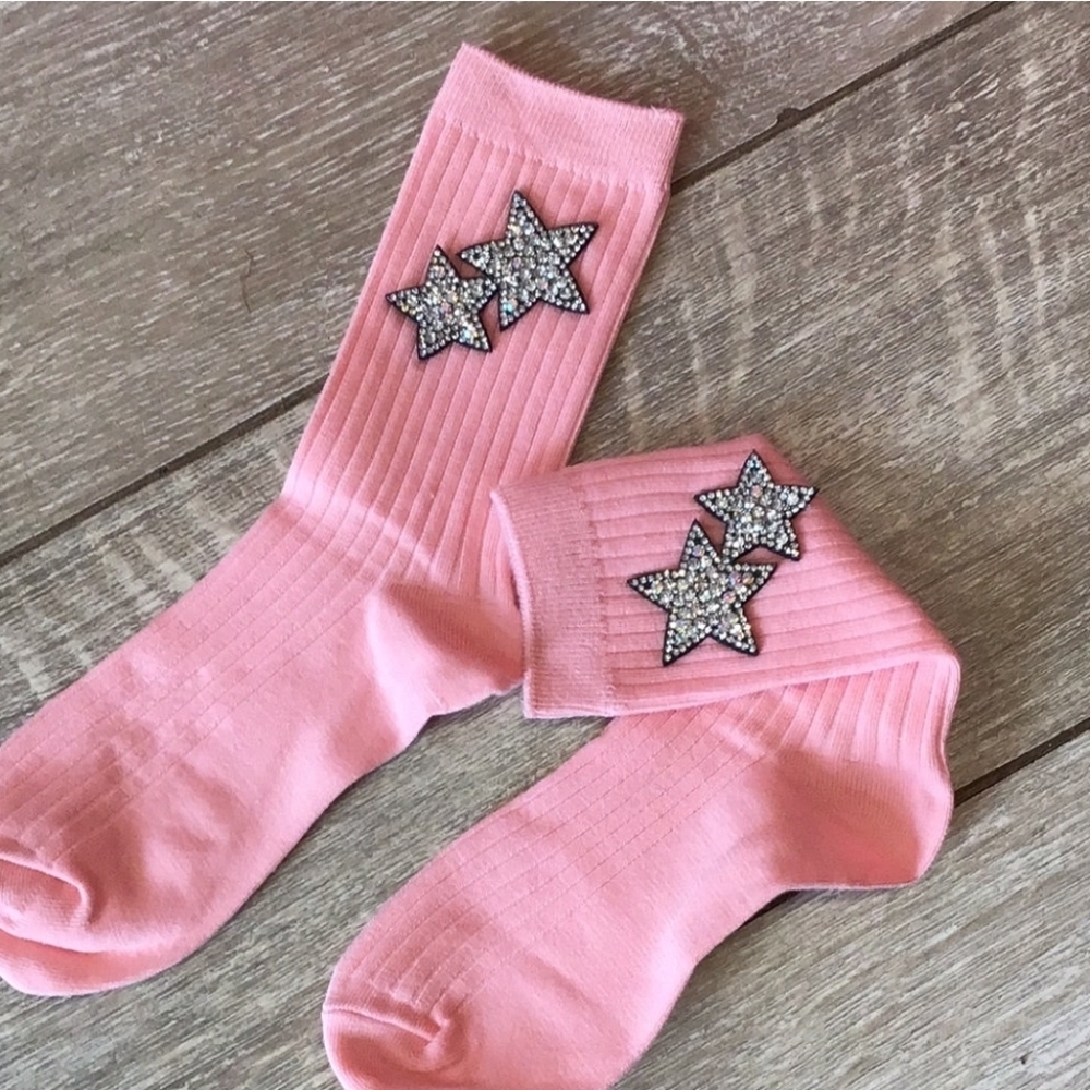 Crew Socks w/Crystal Stars in Black, White, Pink, Tan or Rust - Picture 4 of 4